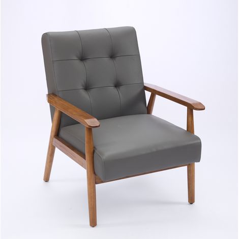 Fauteuil en cuir gris avec accoudoirs en bois foncé et pieds en bois, pour salon, chambre ou bureau, confort lounge et style scandinave CHICFURN (1/5)