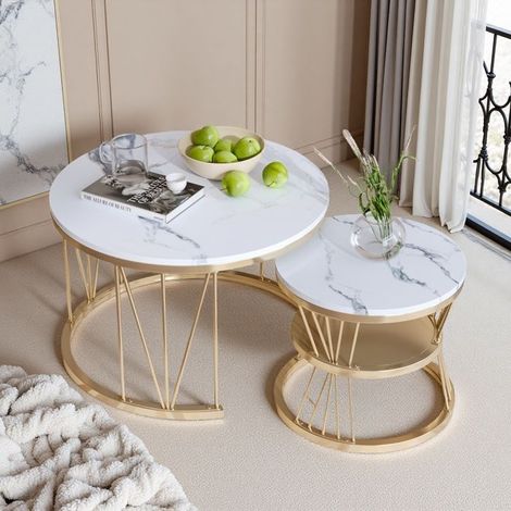 Mesa Baja Redonda Nido - Mármol Blanco y Metal Dorado - Diseño Moderno - 2 Niveles de Almacenamiento - Patas Ajustables