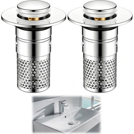 2 Pièces Bouchon de Vidange, Bonde Lavabo, Bouchon Baignoire, 34-40mm Diamètre, Universel Pop Up, en INOX et Cuivre, avec Filtre Intégré, Adaptés aux Éviers et Lavabos, pour Salle de Bain et Cuisine (1/5)