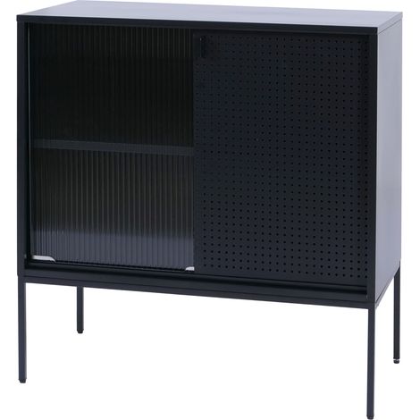 [NUNCA USADO] Cómoda HHG-455, armario aparador alto, compartimentos industriales puertas correderas metal 85x80x45cm, negro