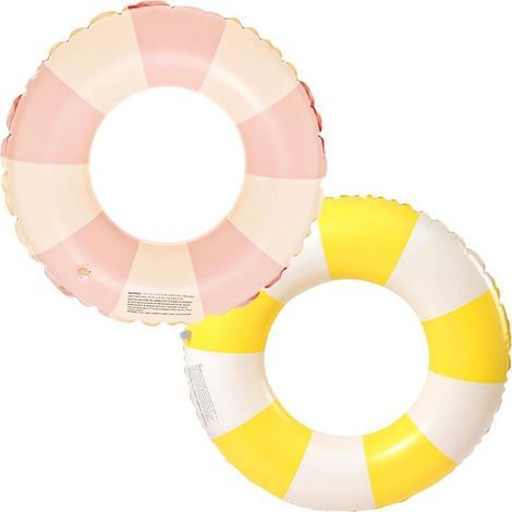 BelleRise - Aufblasbare Luftmatratze mit Retro-Streifen für Erwachsene, ideal für Strandurlaube und Poolpartys (Gelb + Rosa). (1/5)