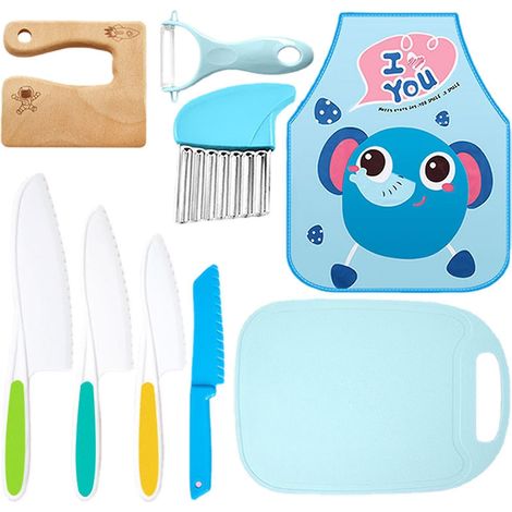 Ensemble de 9 couteaux en bois pour enfants, comprenant un couteau à pommes de terre ondulé, des couteaux en plastique avec tablier et un éplucheur. Idéal pour débuter. (1/5)