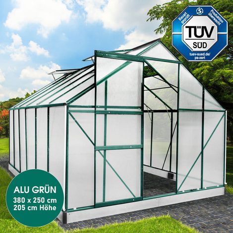 BRAST Gewächshaus Aluminium mit Fundament rostfrei TÜV geprüft 6mm Platten 380x250x205cm Grün