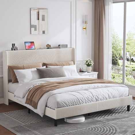 REDOM Lit double 180x200 cm avec tête de lit à canaux en velours côtelé beige et crème (Sans matelas) (1/5)