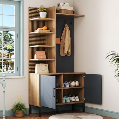 Mobile Ingresso con 4 Ripiani Laterali e Ganci, Ripiano Inferiore Regolabile, Stile Moderno, in Pannello, Naturale, 100×40×190,5 cm (1/5)