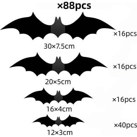 Fledermaus-Wanddeko, 88-teiliges Halloween-Dekorationsset, realistische 3D-Fledermäuse aus PVC, schwarze, gruselige Fledermaus-Wandaufkleber für Halloween
