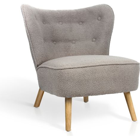 HISPANOHOGAR, Butaca de respaldo bajo en borreguillo gris con patas de madera natural 78x72x80