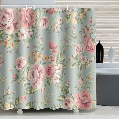Filiyano-Rideau de douche à motifs de roses roses, 12 crochets, en tissu vert imperméable et résistant à la moisissure, 180 x 180 cm (1/5)