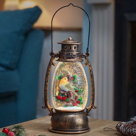 33cm Battery Operated Festive Robin Snow Swirling Christmas Lantern (1/2)