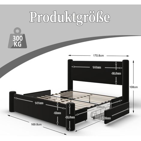 Cadre de lit 140 x 200 cm au design moderne, avec colonnes 3D, tête de lit rembourrée épaisse, 2 tiroirs de rangement et ports USB intégrés pour un confort pratique et un style élégant dans la chambre (1/5)