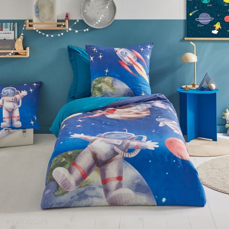 Parure de lit en percale de coton THOMAS bleu 140x200 cm (1/5)