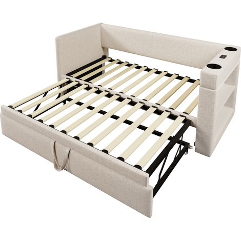 Cama nido tapizada 90x190 cm con cama extraíble, puertos USB-C y portavasos, beige (1/5)