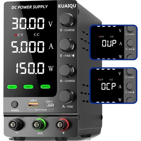Fuente de alimentación de laboratorio, salida ajustable, carga rápida USB, mejorada 30V 5A 150W, 220V (1/2)
