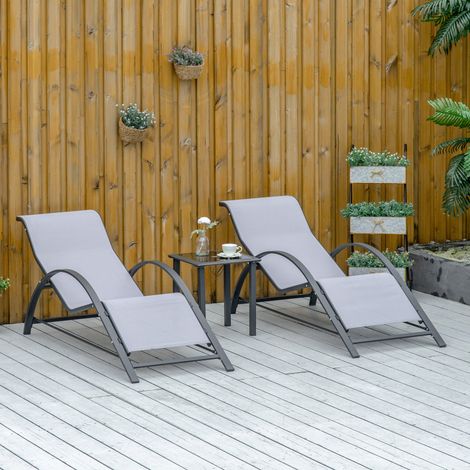 Ensemble de 2 chaises longues et table avec plateau en verre, 59x169x66 cm, gris clair