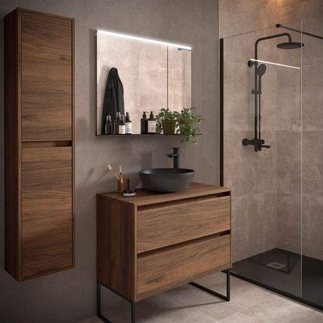 Badezimmermöbel BALTIC 800 2 Schubladen NUSSBAUM MAYA + Waschtisch-Platte (1/2)