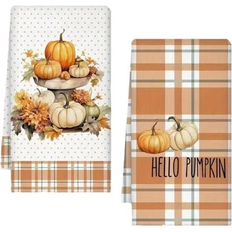 Lot de 2 Torchons d'Automne avec Feuilles d'Érable et Citrouilles pour Cuisine (40x60 cm) (Orange) (1/5)