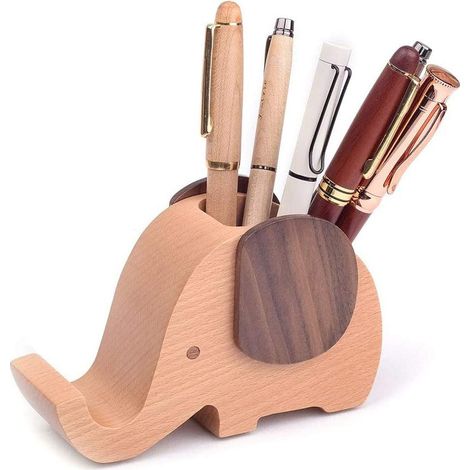 Porte-Crayon en Bois Mignon, Porte-stylo Éléphant en Bois, Multifonctionnel Créatif Forme d'Éléphant En Bois Organisateur de Crayons avec Support de Téléphone Elephant pour Le Bureau Ou l'École (1/5)