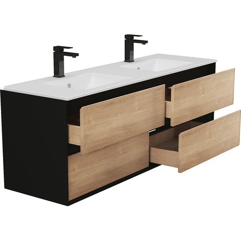 Mobile per bagno sospeso con lavabo da incasso 150 cm Naturale chiaro e Nero - LANNICK