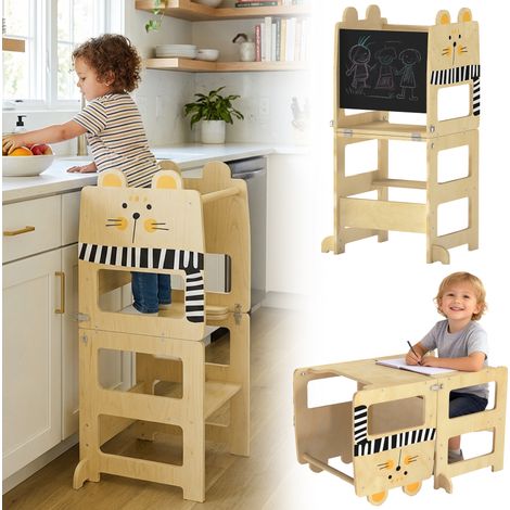 AIYAPLAY torre de aprendizaje 3 en 1 plegable, convertible en escritorio y silla, para niños de 2-5 años, con pizarra, dibujos de gatos, natural