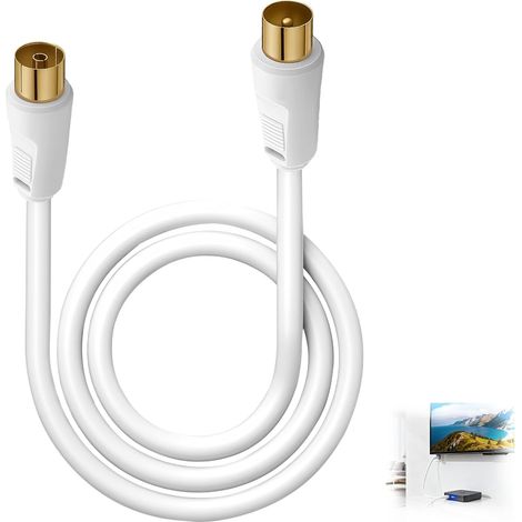 Câble d'Extension d'Antenne TV de 1 Mètre, Câble Coaxial en Cuivre Pur à Double Blindage, Câble RF pour TV Numérique HD, Fiche Plaquée Or, Prend en Charge la Réception du Signal DVB-C (Blanc) (1/5)