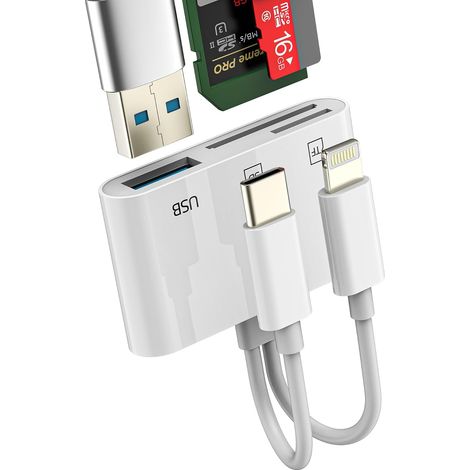 Lecteur de carte USB C Lightning SD Adaptateur USB (3 en 2) Appareil photo Micro SD/TF Lecteur de carte OTG 3.0 Clé mémoire externe MacBook Transmission haute vitesse pour iPhone Apple Compatible avec (1/5)