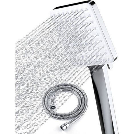 Pommeau de Douche Haute Pression avec Tuyau de 1,5 m Pommeau Douche Economie Deau avec 6 Modes de Douche Réglable Universelle Grande Douchette Douche, Carrée Chromés (1/4)