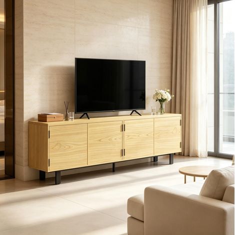 Mueble TV 180 cm para TV hasta 82", 4 puertas a presión, efecto madera natural DESVIAE (1/5)