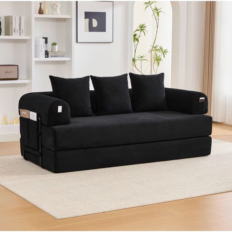Sofá modular de pana negra 200 cm con estructura metálica, bolsillo lateral y 3 cojines (1/5)