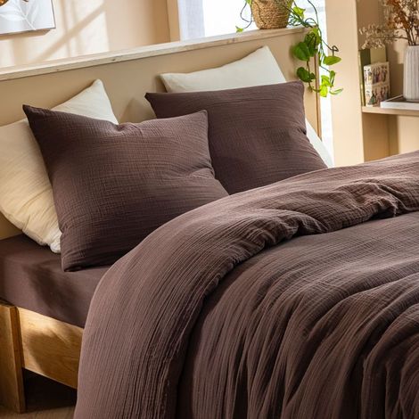 – Housse de couette 140x200 en gaze de coton marron – Texture gaufrée – Respirante et légère – Lavable en machine à 30°C (1/3)