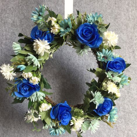 Couronne De Fleurs Artificielles - Couronne De Roses En Soie - Pour Porte D'Entrée Intérieure Ou Extérieure - 41 cm - Bleu (1/5)