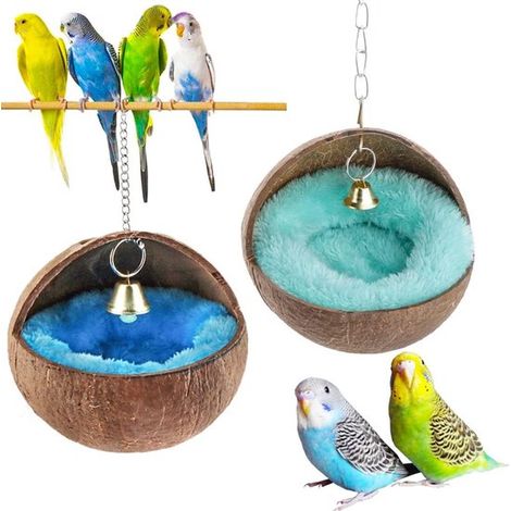 2 nidi per uccelli in cocco naturale, 2 colori, casetta per uccelli, nido per la nidificazione, protezione contro i beccamenti, inclusi tappetino riscaldante e campanellino per pappagalli e parrocchet (1/5)