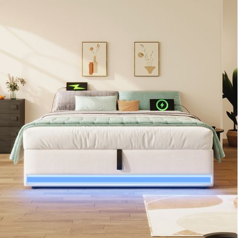 letto contenitore 140x200 LED USB lino beige salvaspazio HAVRYA (1/5)