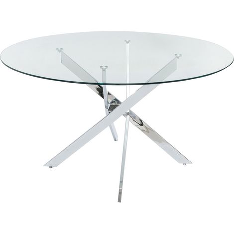 Table à manger ronde 4 personnes en verre trempé et métal chromé - Transparent - COSIMA