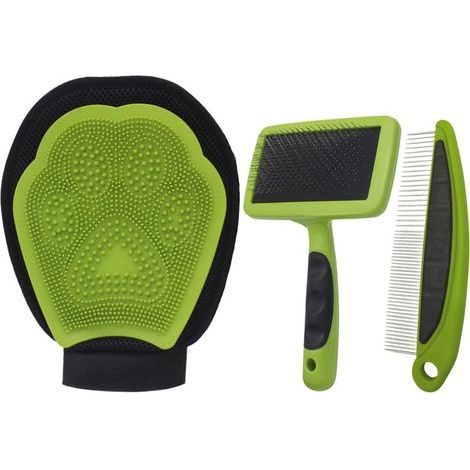 Kit de toilettage 3 en 1 pour animaux de compagnie : gants de toilettage. brosse à picots et peigne. convient aux chiens et aux chats. (1/5)