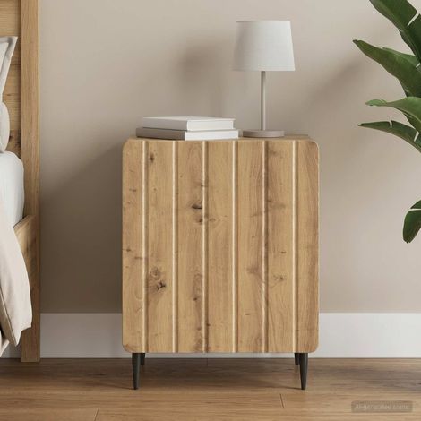 Table de chevet 1 porte en bois d’ingénierie pieds en métal chêne artisanal 43 x 34,5 x 52 cm - PANGIVO (1/5)