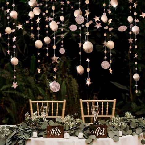 Guirlande décorative de 4 m de haut, couleur champagne doré, à pois, fleurs et étoiles pailletées, idéale pour une fête (fiançailles, anniversaire, mariage, baby shower). (1/5)