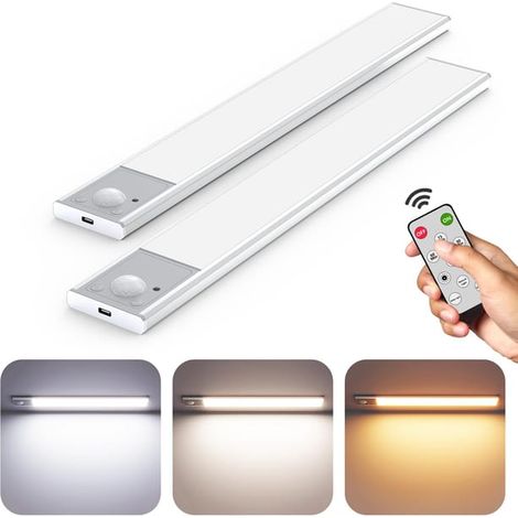 Lot de 2 lampes sous-meuble avec télécommande et capteur de mouvement, lampe de placard rechargeable à intensité variable de 30 cm, 3 couleurs (1/5)