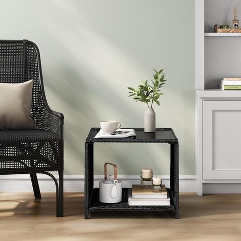 WOLTU Tavolo da esterno, Tavolo da giardino effetto rattan con Piano in Vetro a Vano Aperto, Nero