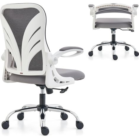 Chaise de Bureau avec Dossier Pliable, Fauteuil Ergonomique pour Ordinateur avec Assise élargie (52 cm), Accoudoirs Pliables et Support Lombaire en Maille Siège de Bureau, Blanc (1/5)