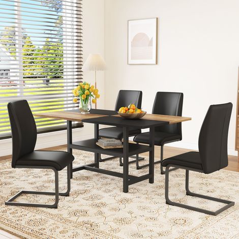DESMIU Table de salle à manger rectangulaire avec 4 chaises et rangement, pour salon salle à manger cuisine, noir et bois, 160 × 90 × 76 cm (1/5)
