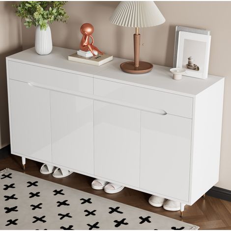 MODFU – Scarpiera 140x39x84 cm in truciolato con 2 ante, 2 cassetti, ripiani regolabili, per 18-24 paia e carico 60 kg – Bianco/oro (1/5)