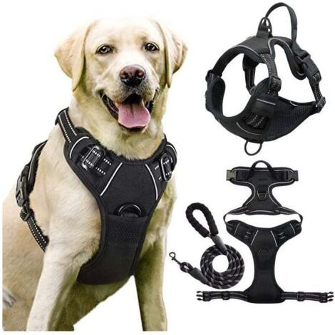 Harnais Chien Anti Traction, pour Chien Facile à Mettre Harnais Réfléchissant Réglable avec Attache Devant Harnais pour Chien Moyen, Large, Couleur Noir-Ensoleillé - (1/4)