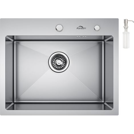 Lavello da Cucina 1 Vasca 55x45cm in Acciaio Inox, Lavandino Incasso Quadrato con 300ml dispenser di sapone e Sifone, Da appoggio o filotop