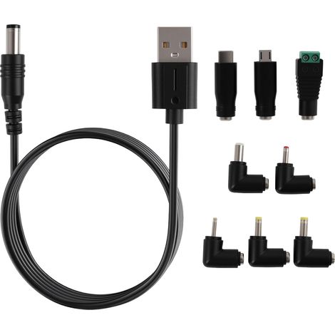 USB to DC 5V Power Cable, USB to DC 5.5 x 2.1 mm Universal Cable with 8 Tips (5.5 x 2.5, 4.8 x 1.7, 4.0 x 1.7, 3.5 x 1.35, 2.5 x 0.7, Micro USB, Type-C, LED), Adapter for Low Voltage Devices (1/5)