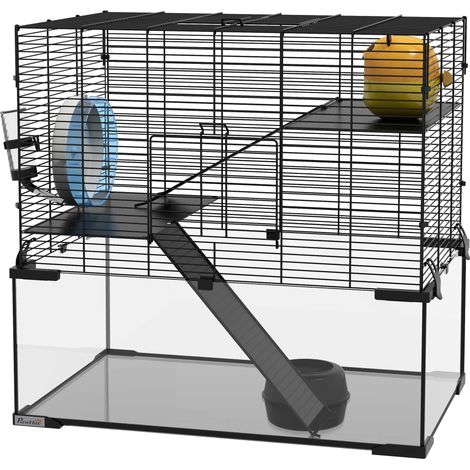 Cage hamster cage rongeur 3 niveaux avec roue rampes maisonnette abreuvoir mangeoire 60L x 40l x 54,5H cm noir