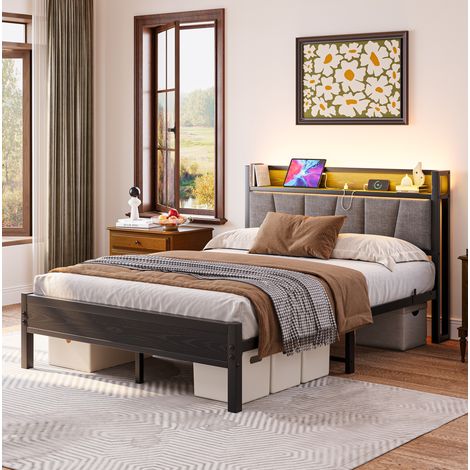 Cama 140x190 cm con LED, cabecero con almacenaje, 2 USB y enchufe, marco de metal negro DESVIAE (1/5)