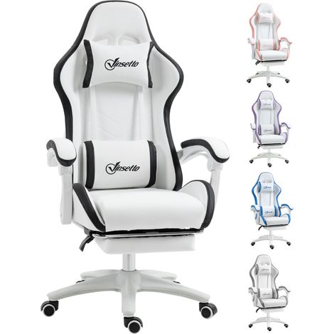 Vinsetto Computer Gaming Chair, PU Leather Office Desk Chair with Footrest, Swivel Wheels, 135° Reclining Back, Lumbar Support, Headrest for Home, White and Black