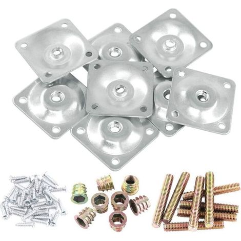 Lot de 8 plaques de montage argentées pour pieds de meubles 8 plaques de fixation pour pieds avec 40 boulons de suspension de 5/16" pour meubles canapés sièges (1/4)
