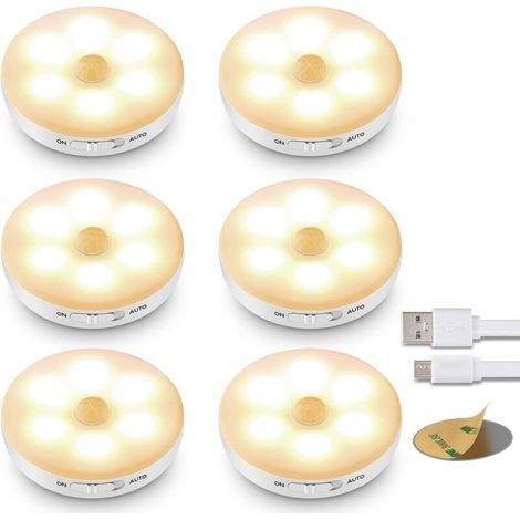 Lampe Detecteur De Mouvement Interieur(6-Packs Jaune), Iceko-Kn Veilleuse Enfant Rechargeable,3 Modes (Auto/On/Off),Led Escalier Detecteur De Mouvement Pile,Lampe Led Sans Fil Automatique