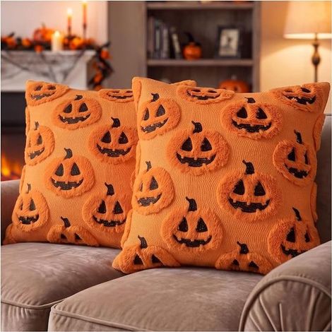 Lot de 2 housses de coussin - Motif citrouille d'Halloween - 45 x 45 cm - Décoration automnale - Décoration d'Halloween - Décoration intérieure - Convient pour la maison, la chambre, le canapé - Orang (1/5)